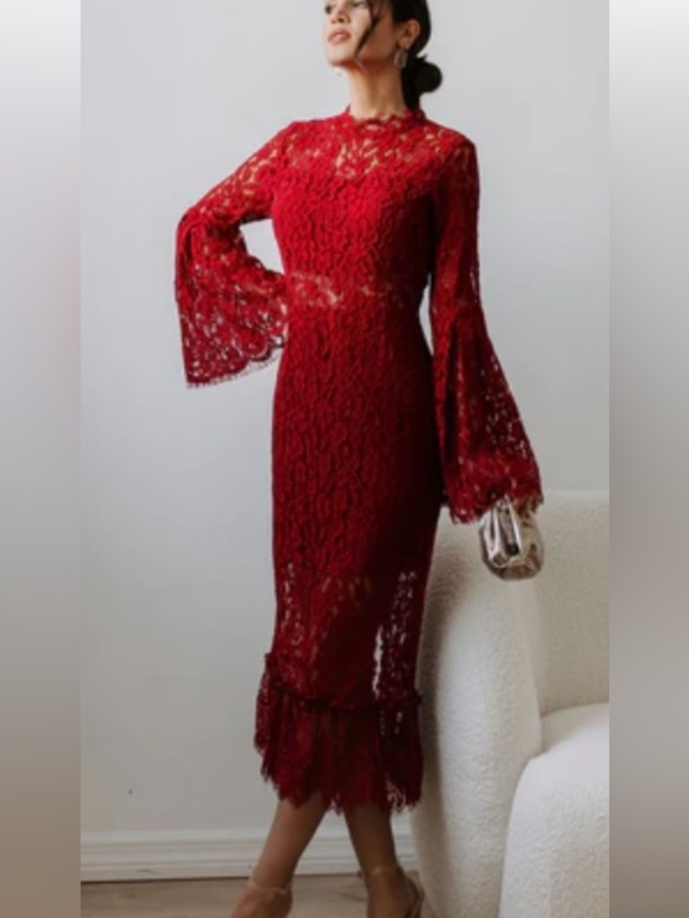 Endless Rose Deep Red Lace Long Bell Sleeve Sheath Dress.